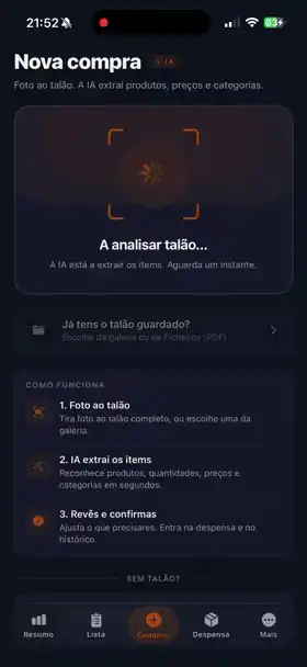 Demonstração: scan de talão na app Pantry — produtos extraídos automaticamente